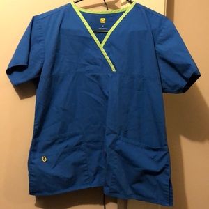 Royal blue and neon green scrub top